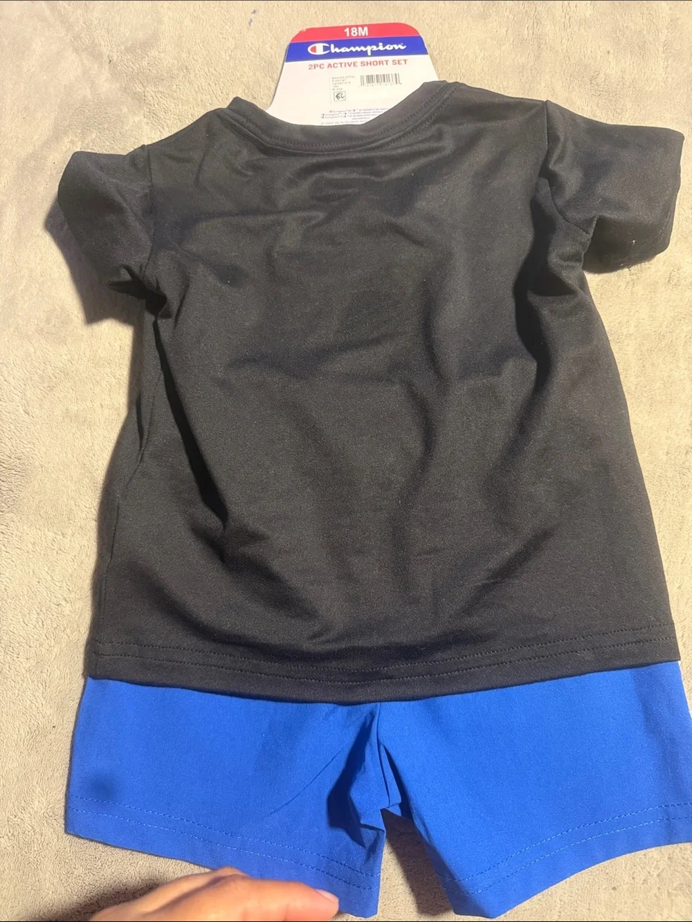 Champion Black Tee with Multicolor Logo & Blue Shorts